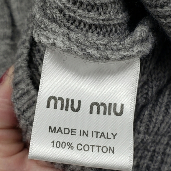 Miu Miu Gray Cropped Cable Knit Sweater Long Sleeve White Peter Pan Collar L - Picture 7 of 13